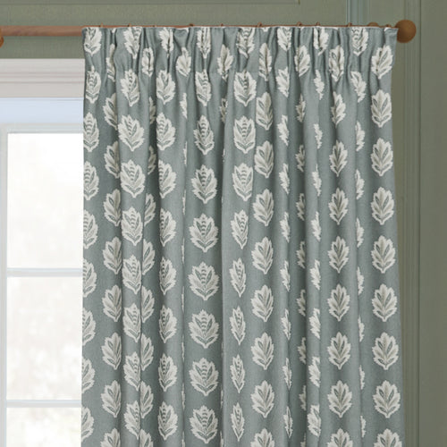 Floral Blue Curtains - Sessile Leaf Printed Room Darkening Pencil Pleat Curtains Delph Blue Sanderson