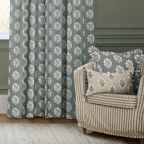 Floral Blue Curtains - Sessile Leaf Printed Room Darkening Pencil Pleat Curtains Delph Blue Sanderson