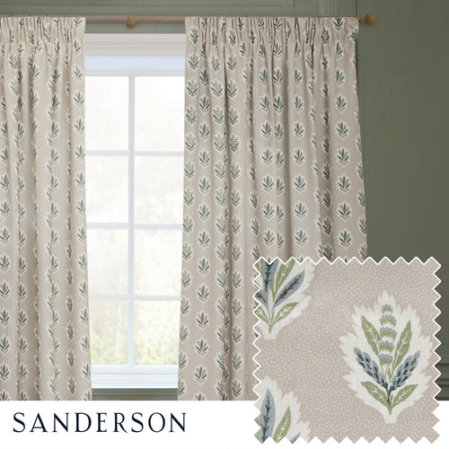 Floral Beige Curtains - Sessile Leaf Printed Room Darkening Pencil Pleat Curtains Flax Sanderson