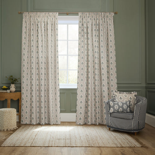 Floral Beige Curtains - Sessile Leaf Printed Room Darkening Pencil Pleat Curtains Flax Sanderson