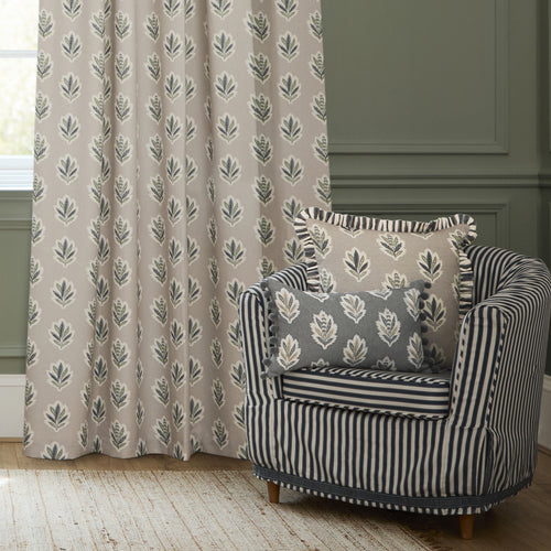 Floral Beige Curtains - Sessile Leaf Printed Room Darkening Pencil Pleat Curtains Flax Sanderson
