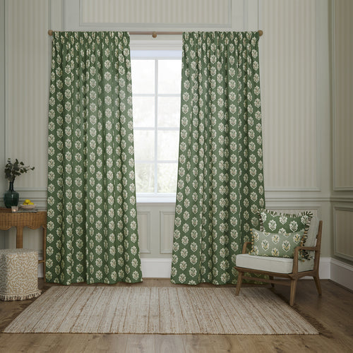 Floral Green Curtains - Sessile Leaf Printed Room Darkening Pencil Pleat Curtains Leaf Sanderson