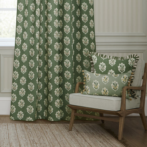 Floral Green Curtains - Sessile Leaf Printed Room Darkening Pencil Pleat Curtains Leaf Sanderson