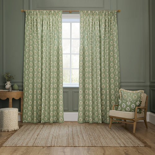 Floral Green Curtains - Sessile Leaf Printed Room Darkening Pencil Pleat Curtains Sage Sanderson