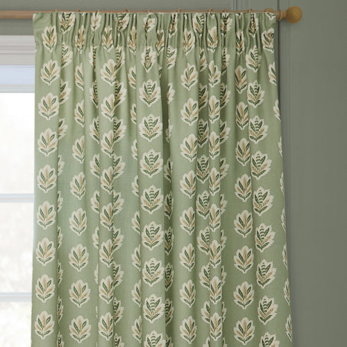 Floral Green Curtains - Sessile Leaf Printed Room Darkening Pencil Pleat Curtains Sage Sanderson