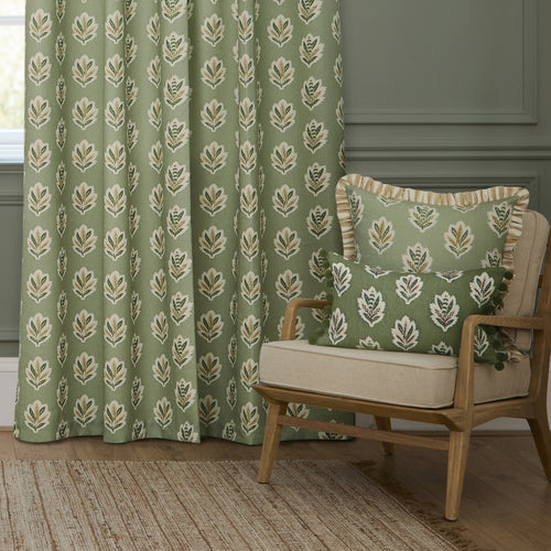 Floral Green Curtains - Sessile Leaf Printed Room Darkening Pencil Pleat Curtains Sage Sanderson