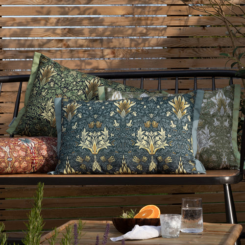 Floral Blue Cushions - Snakeshead Printed Outdoor Polyester Filled Cushion Indigo/Leaf Green Morris & Co