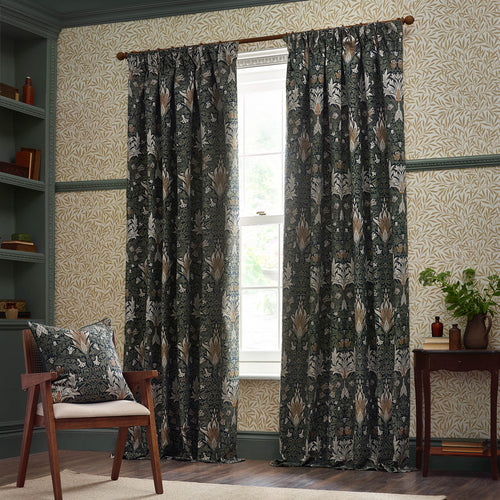 Floral Blue Curtains - Snakeshead Jacquard Chenille Room Darkening Pencil Pleat Curtains Indigo/Leaf Morris & Co