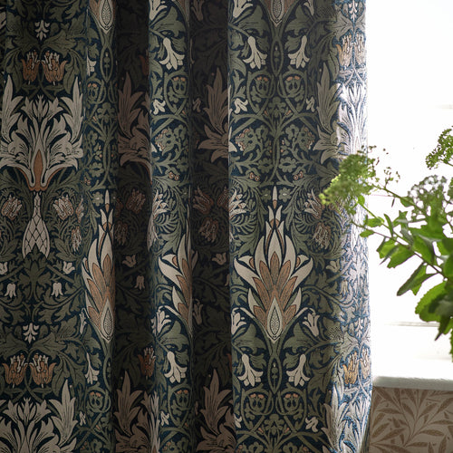 Floral Blue Curtains - Snakeshead Jacquard Chenille Room Darkening Pencil Pleat Curtains Indigo/Leaf Morris & Co