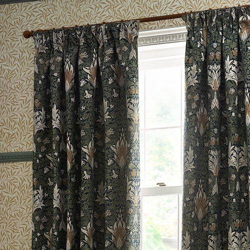Floral Blue Curtains - Snakeshead Jacquard Chenille Room Darkening Pencil Pleat Curtains Indigo/Leaf Morris & Co