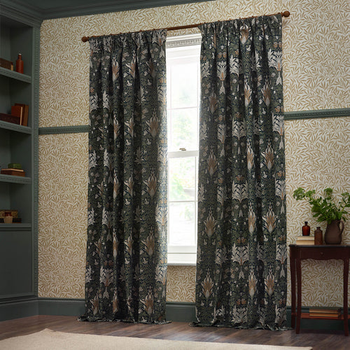 Floral Blue Curtains - Snakeshead Jacquard Chenille Room Darkening Pencil Pleat Curtains Indigo/Leaf Morris & Co