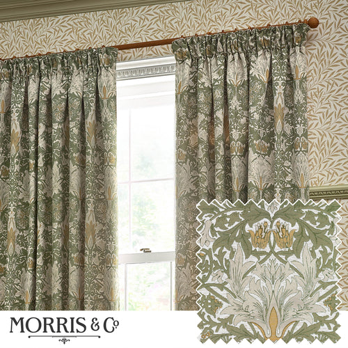Floral Green Curtains - Snakeshead Jacquard Chenille Room Darkening Pencil Pleat Curtains Sunflower/Stone Morris & Co
