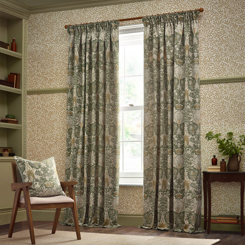 Floral Green Curtains - Snakeshead Jacquard Chenille Room Darkening Pencil Pleat Curtains Sunflower/Stone Morris & Co