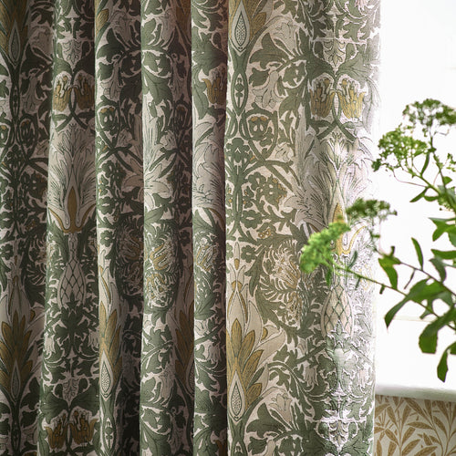 Floral Green Curtains - Snakeshead Jacquard Chenille Room Darkening Pencil Pleat Curtains Sunflower/Stone Morris & Co