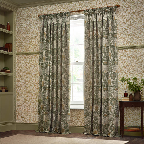 Floral Green Curtains - Snakeshead Jacquard Chenille Room Darkening Pencil Pleat Curtains Sunflower/Stone Morris & Co