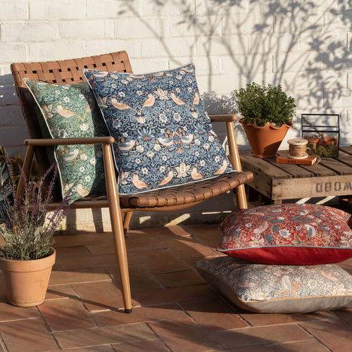 Floral Red Cushions - Strawberry Thief Piped Outdoor Polyester Filled Cushion Berry Morris & Co