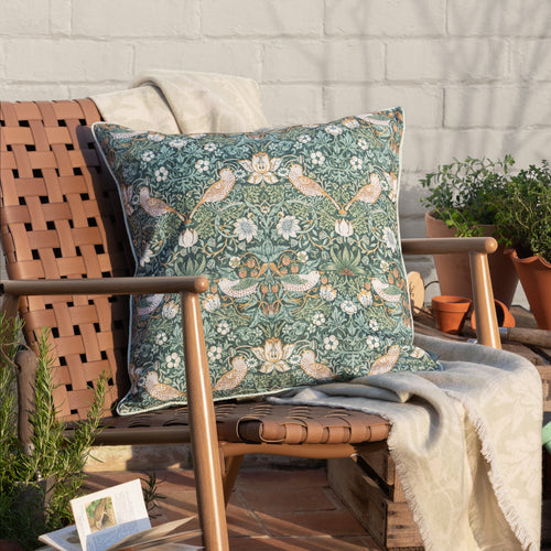 Floral Green Cushions - Strawberry Thief Piped Outdoor Polyester Filled Cushion Forest Green Morris & Co
