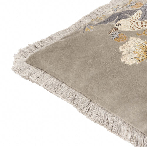 Animal Beige Cushions - Strawberry Thief Embroidered Velvet Feather Rich Filled Cushion Biscuit Morris & Co