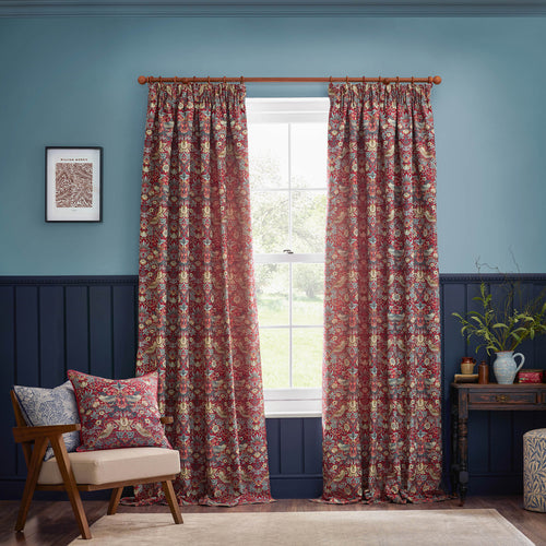 Animal Red Curtains - Strawberry Thief Jacquard Floral Room Darkening Pencil Pleat Curtains Berry Morris & Co