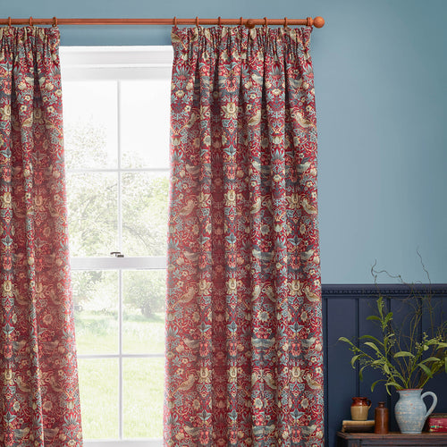 Animal Red Curtains - Strawberry Thief Jacquard Floral Room Darkening Pencil Pleat Curtains Berry Morris & Co