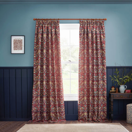 Animal Red Curtains - Strawberry Thief Jacquard Floral Room Darkening Pencil Pleat Curtains Berry Morris & Co