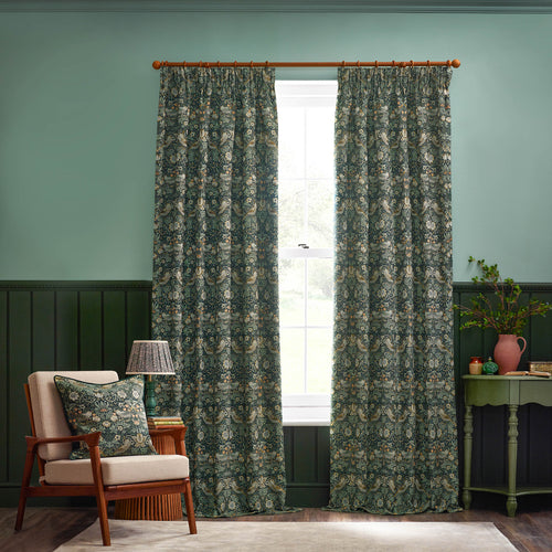 Animal Green Curtains - Strawberry Thief Jacquard Floral Room Darkening Pencil Pleat Curtains Forest Green Morris & Co