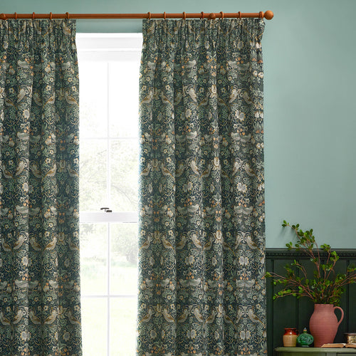 Animal Green Curtains - Strawberry Thief Jacquard Floral Room Darkening Pencil Pleat Curtains Forest Green Morris & Co