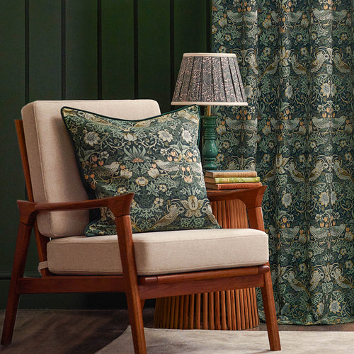 Animal Green Curtains - Strawberry Thief Jacquard Floral Room Darkening Pencil Pleat Curtains Forest Green Morris & Co
