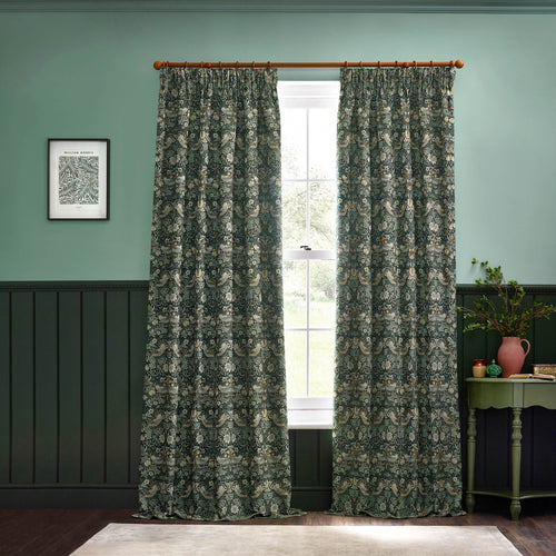 Animal Green Curtains - Strawberry Thief Jacquard Floral Room Darkening Pencil Pleat Curtains Forest Green Morris & Co