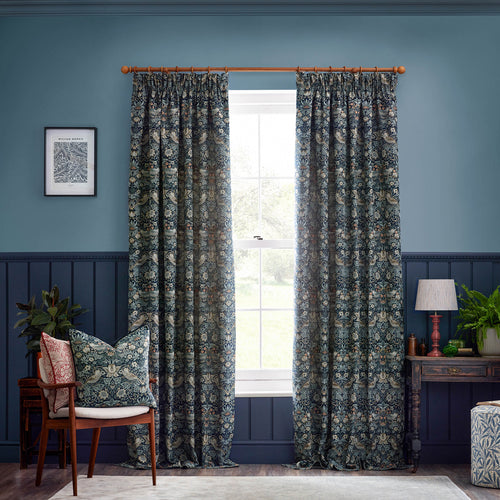 Animal Blue Curtains - Strawberry Thief Jacquard Floral Room Darkening Pencil Pleat Curtains Indigo Morris & Co