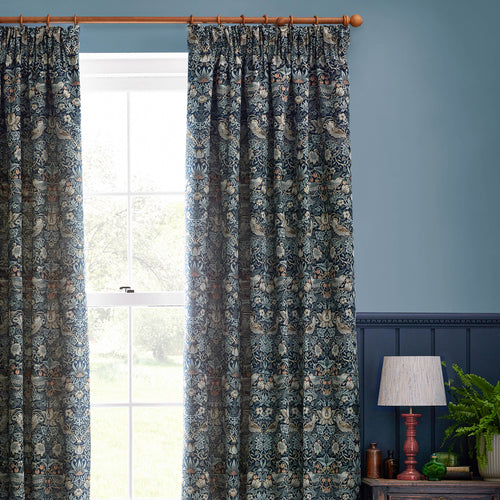 Animal Blue Curtains - Strawberry Thief Jacquard Floral Room Darkening Pencil Pleat Curtains Indigo Morris & Co