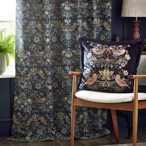 Animal Blue Curtains - Strawberry Thief Jacquard Floral Room Darkening Pencil Pleat Curtains Indigo Morris & Co