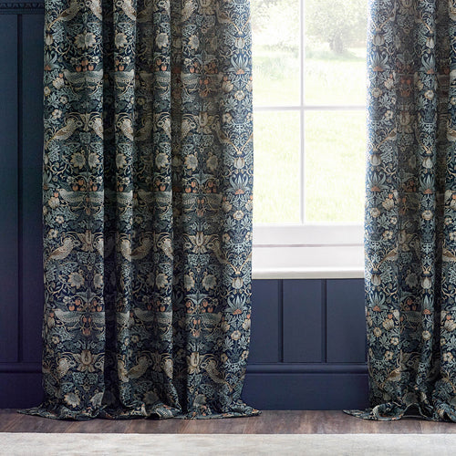 Animal Blue Curtains - Strawberry Thief Jacquard Floral Room Darkening Pencil Pleat Curtains Indigo Morris & Co