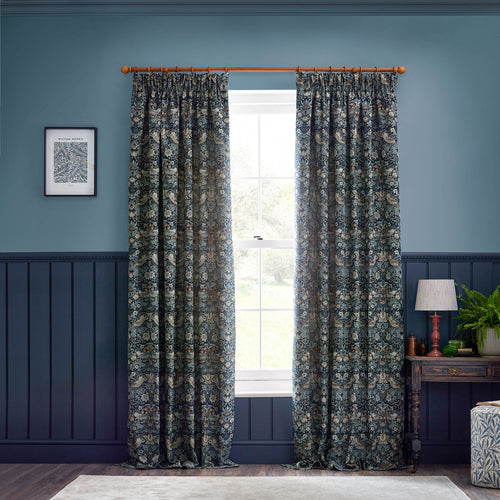 Animal Blue Curtains - Strawberry Thief Jacquard Floral Room Darkening Pencil Pleat Curtains Indigo Morris & Co