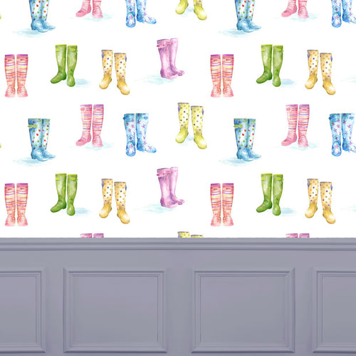 Multi Wallpaper - Welly Boots  1.4m Wide Width Wallpaper (By The Metre) Cream Voyage Maison