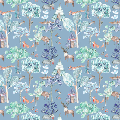 Animal Blue Fabric - Woodland Adventures Printed Cotton Fabric (By The Metre) Denim Voyage Maison