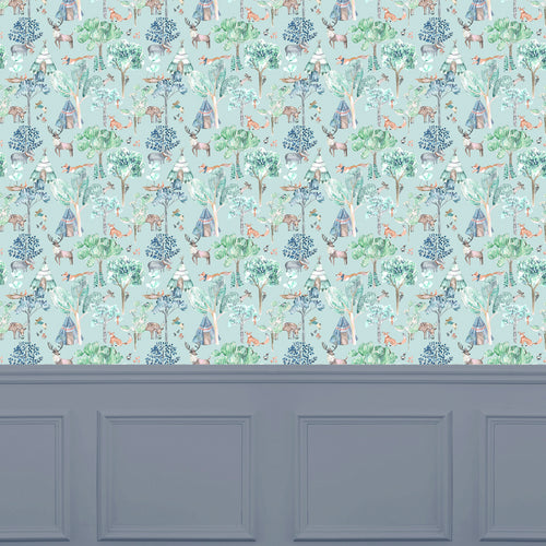 Animal Blue Wallpaper - Woodland Adventures  1.4m Wide Width Wallpaper (By The Metre) Aqua Voyage Maison