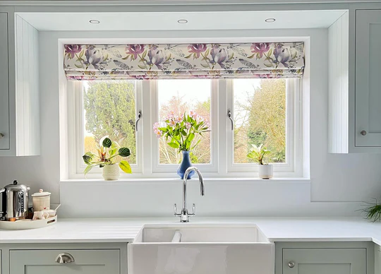 blue floral blinds in white window