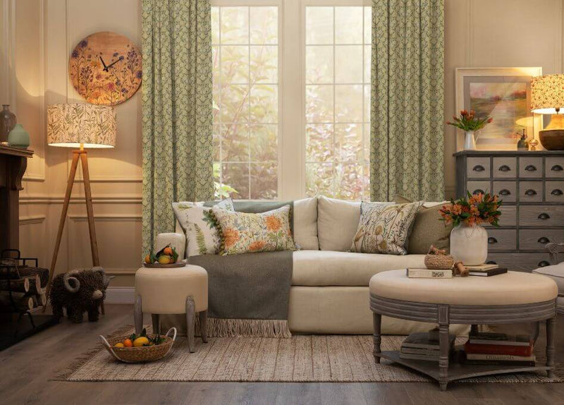 A living room decorated with country folk style spring and summer decor.