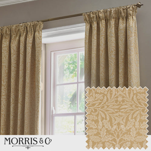 Floral Gold Curtains - Acorn Tonal Matt Jacquard Room Darkening Pencil Pleat Curtains Gold Morris & Co