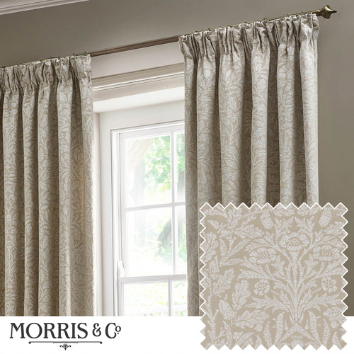 Floral Beige Curtains - Acorn Tonal Matt Jacquard Room Darkening Pencil Pleat Curtains Linen Morris & Co