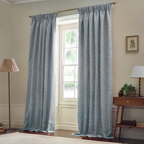 Floral Blue Curtains - Acorn Tonal Fully Lined Matt Jacquard Pencil Pleat Curtains Wedgewood Morris & Co