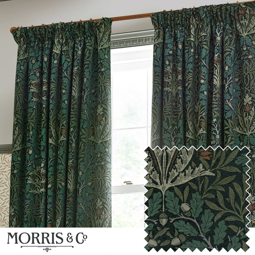 Floral Green Curtains - Acorn Multi Floral Jacquard Room Darkening Pencil Pleat Curtains Thyme/Forest Morris & Co