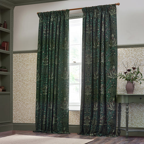 Floral Green Curtains - Acorn Multi Floral Jacquard Pencil Pleat Curtains Thyme/Forest Morris & Co