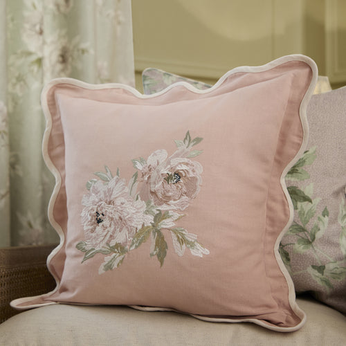 Floral Pink Cushions - Adele Floral Embroidered Feather Rich Filled Cushion Rose Sanderson