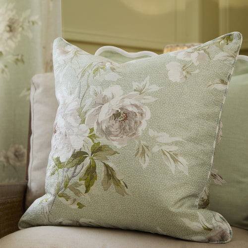 Floral Green Cushions - Adele Floral Chenille Feather Rich Filled Cushion Sage Sanderson