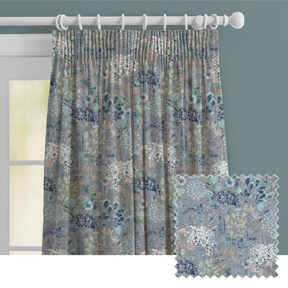 Ailsa Cornflower Printed Pencil Pleat Curtains Blue Curtains Voyage Maison