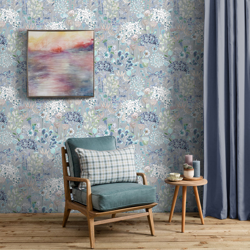 Floral Blue Wallpaper - Ailsa  1.4m Wide Width Wallpaper (By The Metre) Cornflower Voyage Maison