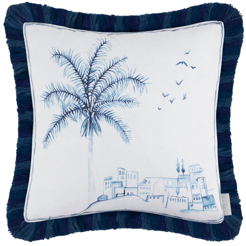 Floral Blue Cushions - Altea Printed Ruche Fringe Feather Filled Cushion Cobalt Voyage Maison