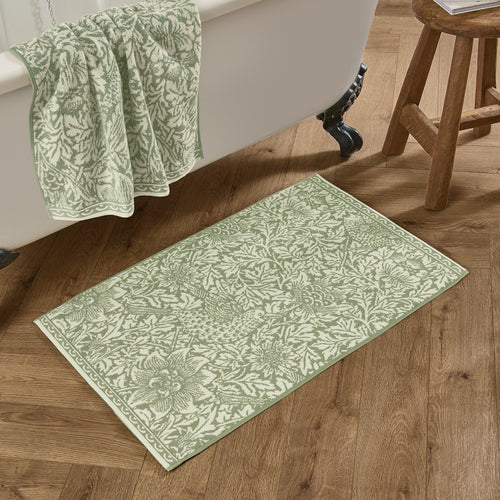Floral Green Bathroom - Bird & Anemone 100% Cotton Bath Mat Sage Green Morris & Co